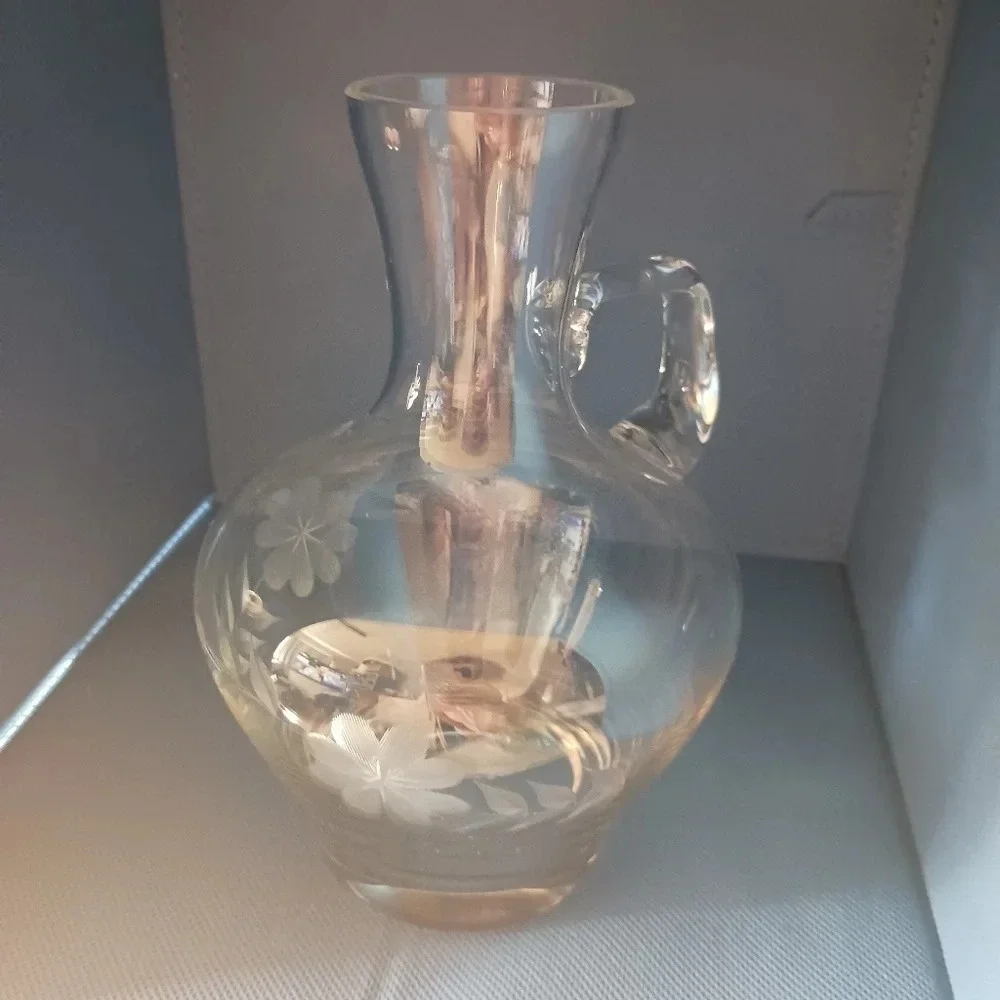 Crystal wine carafe and glasses set of 4 etched floral pattern